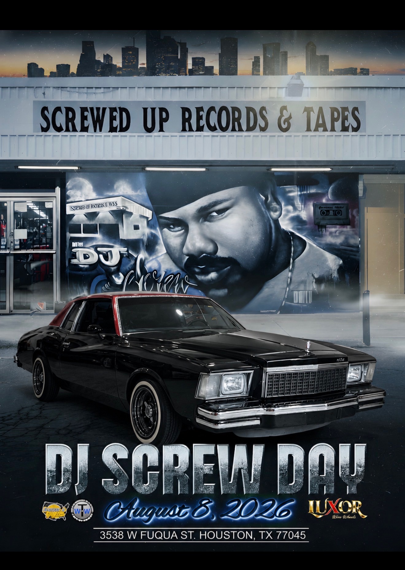 DJ Screw Day flyer at Screwed Up Records & Tapes with a black Cadillac in front of the mural