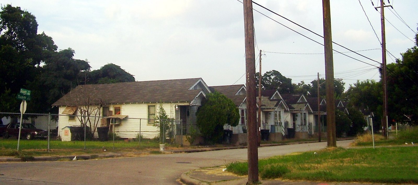 Shotgun houses on a residential street in Houston's Third Ward, the neighborhood ground slab culture grew from
