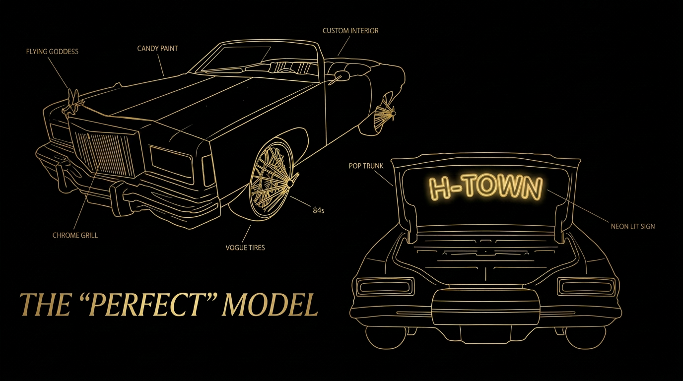 Gold-on-black blueprint of a Houston slab Cadillac labelling the flying goddess, candy paint, custom interior, chrome grill, 84s, vogue tires, pop trunk and neon lit sign
